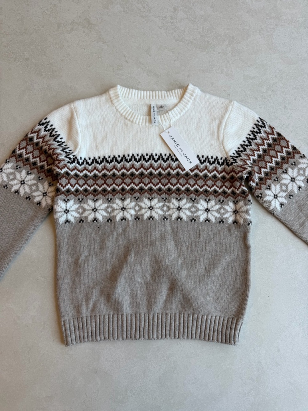 Janie and Jack Cream Fair Isle Knit Sweater with Taupe & Brown Pattern